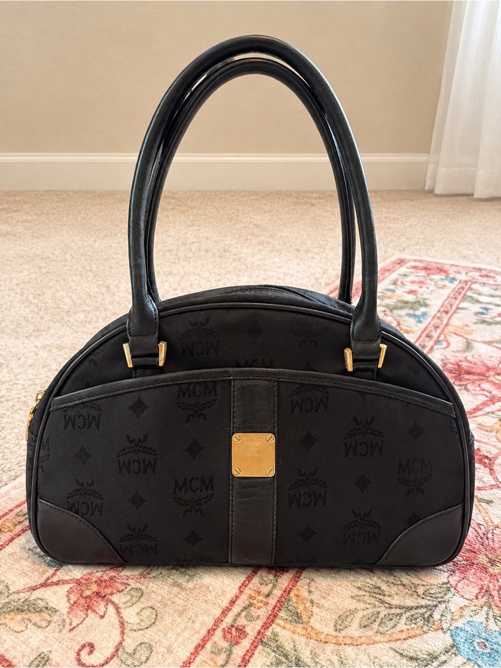 MCM Black Monogram Dome Satchel with Gold Plaque